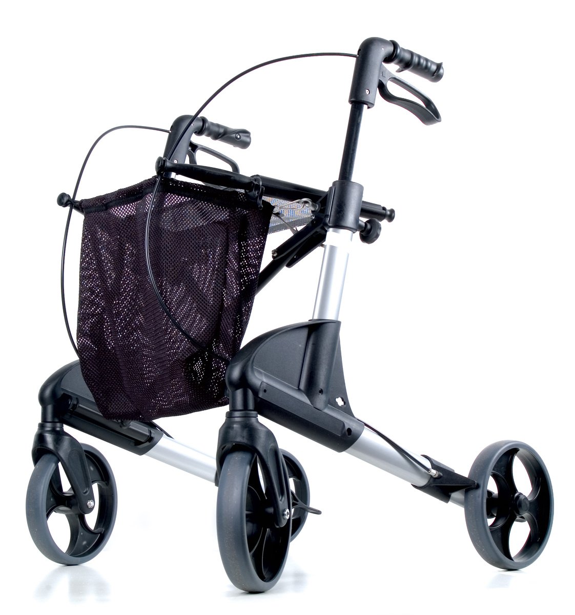 Supportive black metal medical walker for seniors with 4 wheels and rubber hand holders